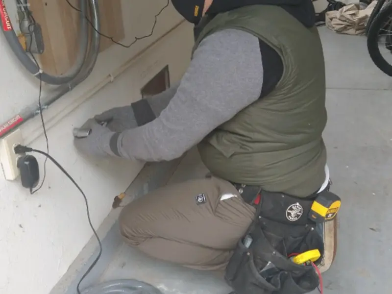 Electrician performing outlet wiring in a Libby garage